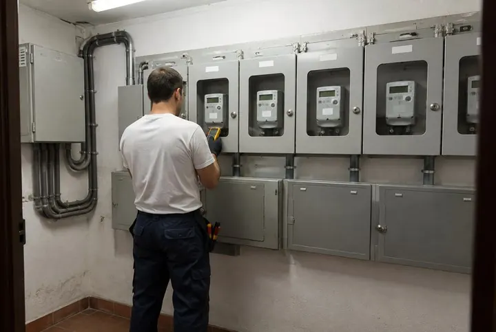 Electricista revisando un contador en la centralización de contadores de un edificio de viviendas de Barcelona