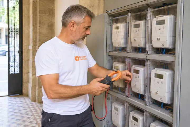 Electricista de Barcelona Electricista revisando los contadores del edificio antes de subir potencia en Les Corts