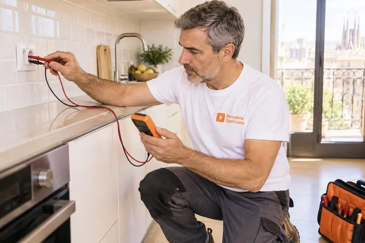 Electricista de Barcelona Electricista midiendo un enchufe con el multímetro para localizar una avería en Sants