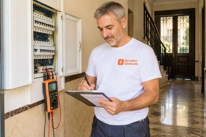 Electricista de Barcelona Electricista rellenando la revisión para el boletín eléctrico en Sant Martí