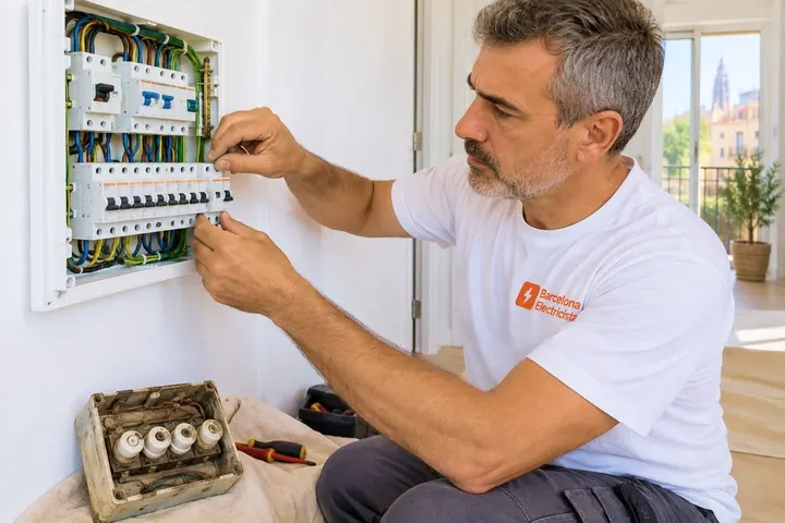 Electricista de Barcelona Electricista cambiando un cuadro de fusibles antiguo por uno nuevo en el Eixample