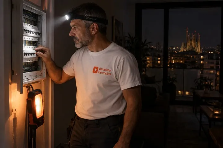 Electricista revisando con frontal el cuadro eléctrico de un piso de Barcelona durante un apagón nocturno