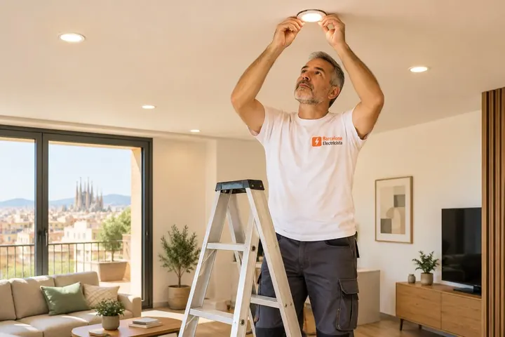 Electricista instalando downlights LED en el falso techo de un salón de Barcelona