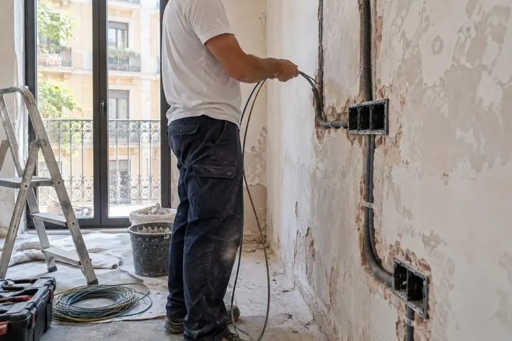 Electricista pasando cable nuevo por tubos empotrados durante la renovación de la instalación eléctrica de un piso de Barcelona